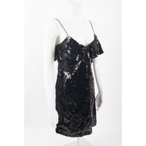 Zara Womens Sequin Mini Dress S Black Ruffle - Picture 3 of 6